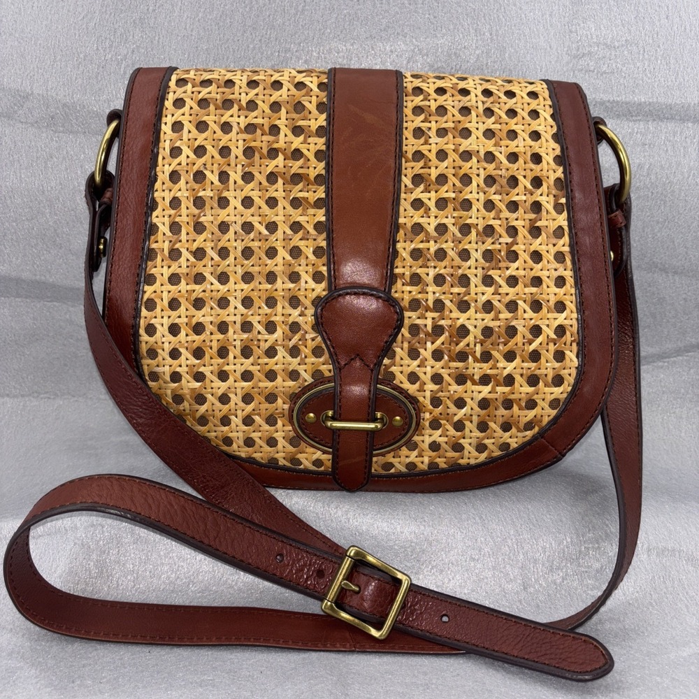 FOSSIL VRI Reissue Silhouettes Woven Cane Leather Crossbody Saddle Bag Purse Vtg